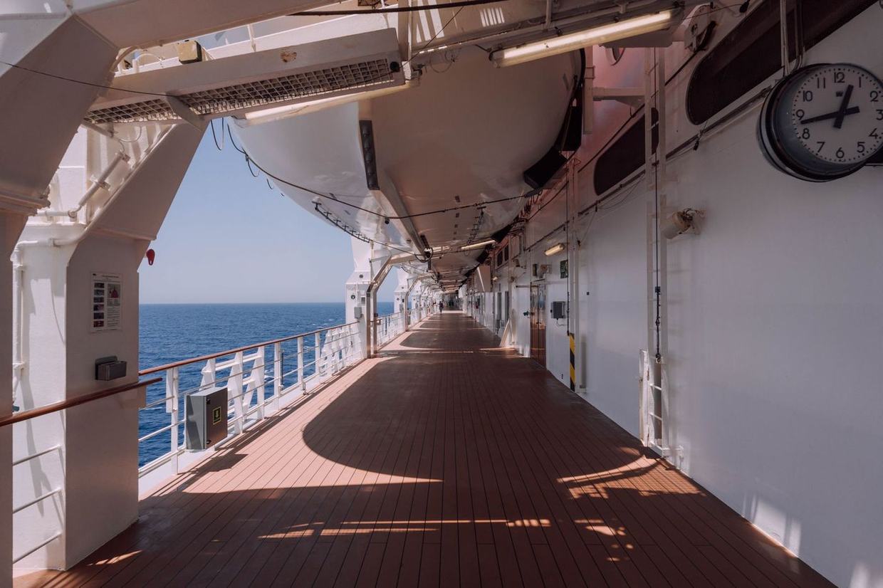 An empty promenade deck on a ship at sea